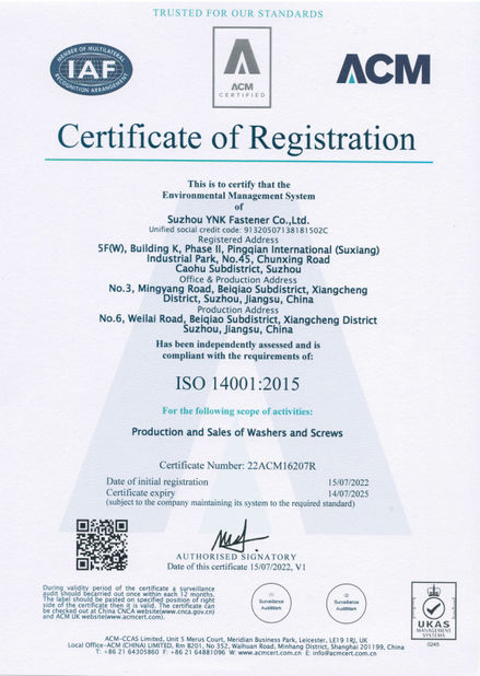 चीन Suzhou YNK Fastener Co., Ltd. प्रमाणपत्र