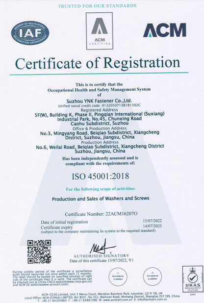 चीन Suzhou YNK Fastener Co., Ltd. प्रमाणपत्र